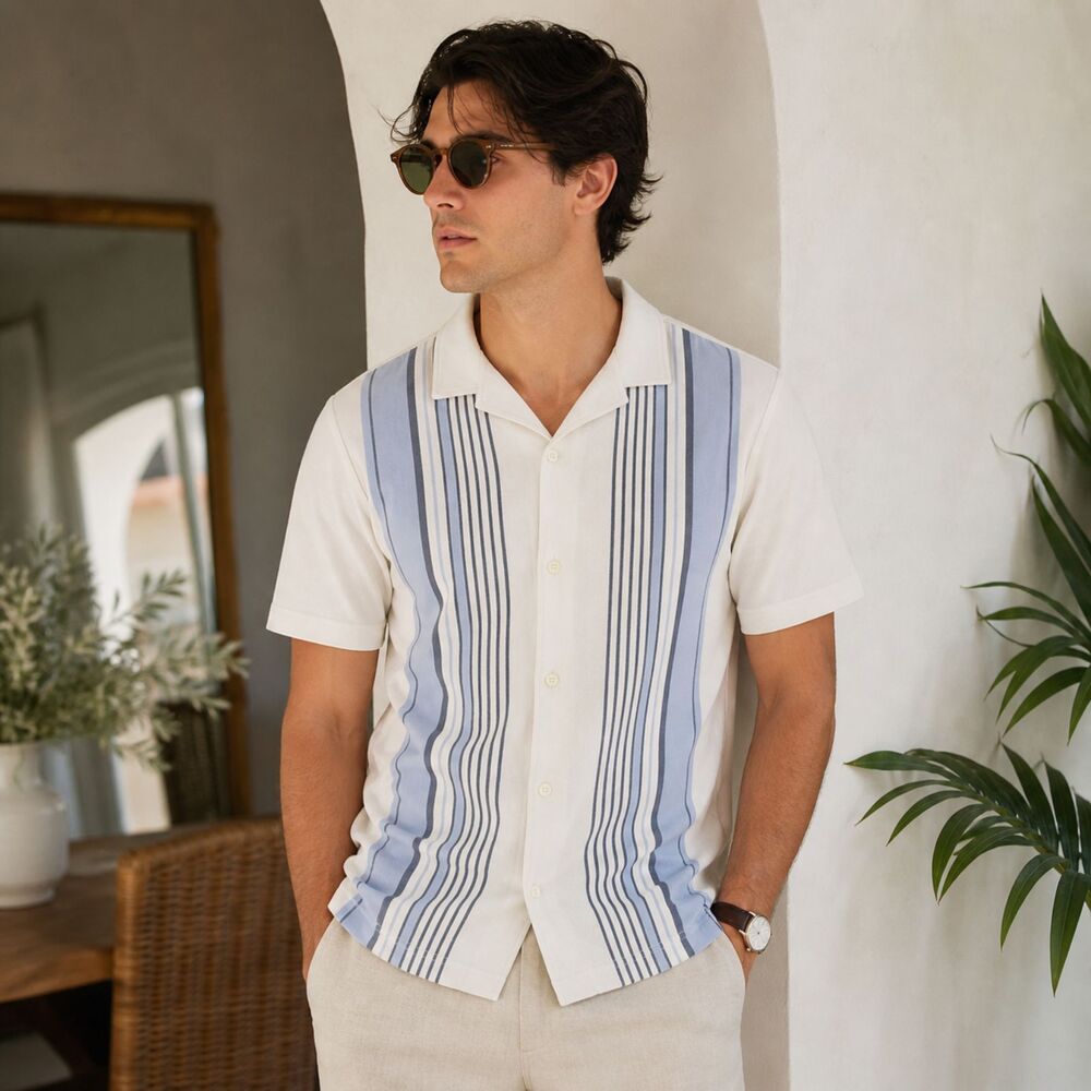 Magaschoni Men’s NWT Striped Button Up Shirt Off White Blue Cotton Size M